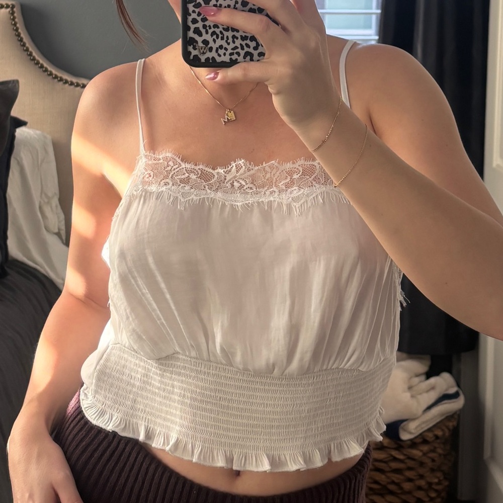 Glassons Ivory Lace-Trim Smocked Hem Cami